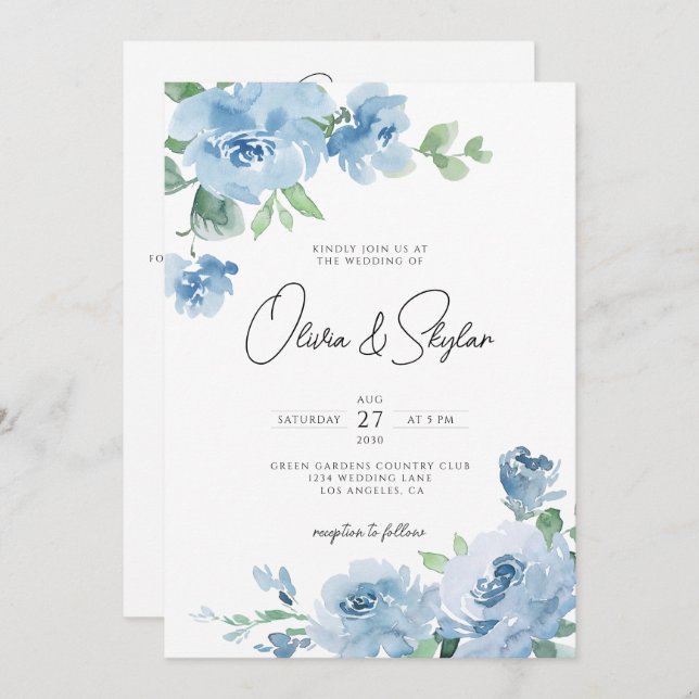 Light Baby Blue Botanical QR All In One Wedding Invitation (Front/Back)
