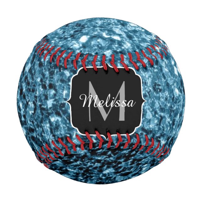 Light baby blue faux glitter sparkle Monogram name Baseball (Front)