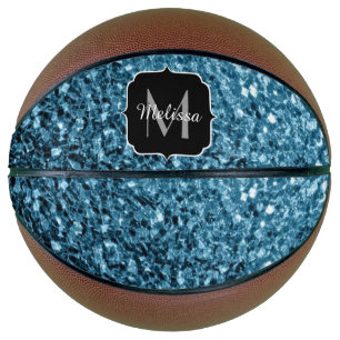 Light baby blue faux glitter sparkle Monogram name Basketball