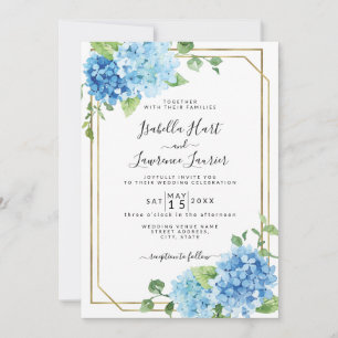 Light Baby Blue Floral Hydrangea Gold Wedding Invitation