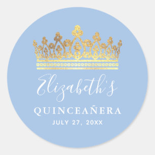 Light Baby Blue Gold Elegant Crown Quinceanera Classic Round Sticker