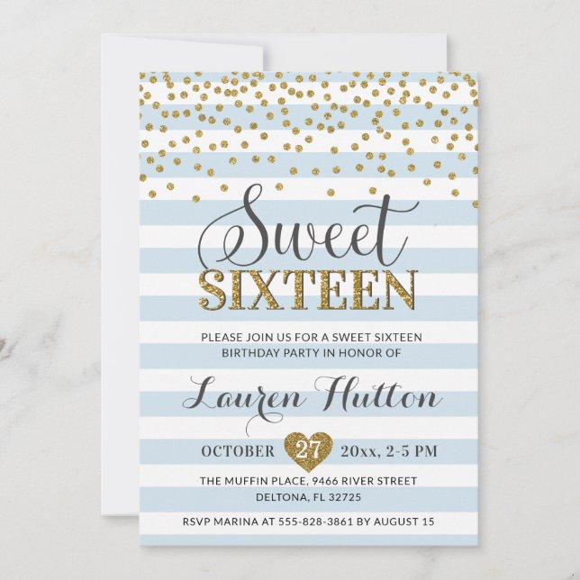 Light Baby Blue Gold Sweet Sixteen Party Birthday Invitation (Front)