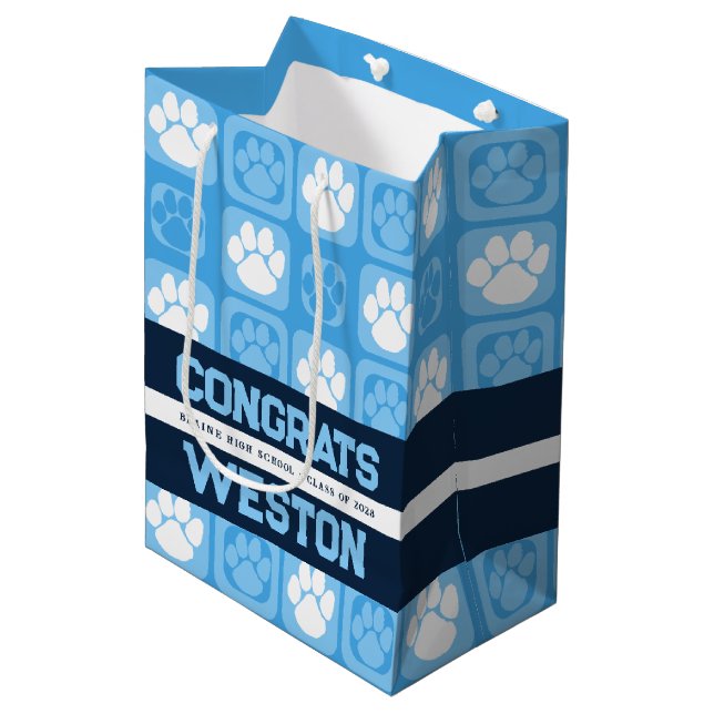 Light Baby Blue & Navy Graduation Pawprint Medium Gift Bag (Front Angled)