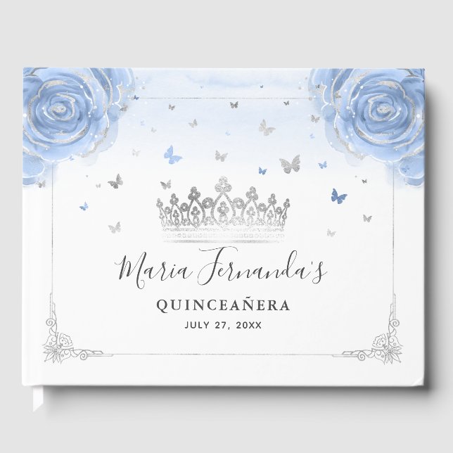 Light Baby Blue Roses and Elegant Silver Crown Guest Book (Front)