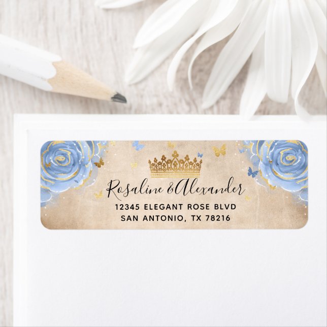 Light Baby Blue Roses Gold Crown Return Address (Insitu)