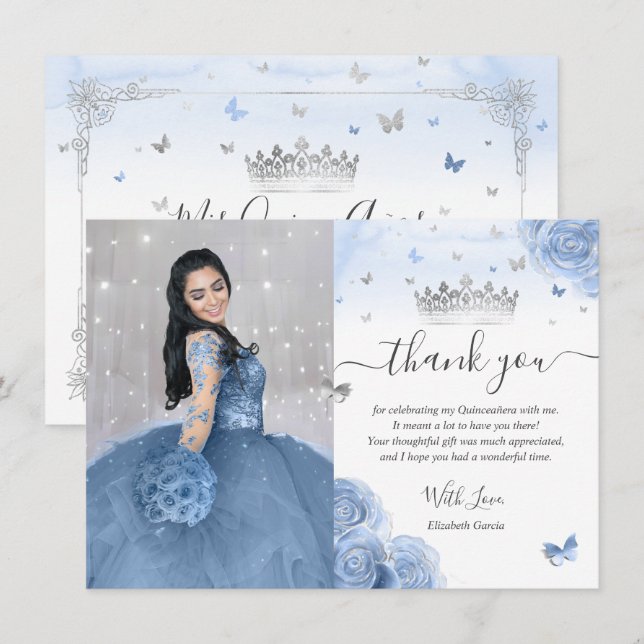 Light Baby Blue Silver Quinceañera Photo Birthday Thank You Card (Front/Back)