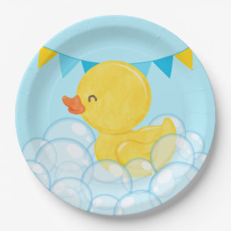 Light Baby Blue Watercolor Rubber Duck Party Paper Plate