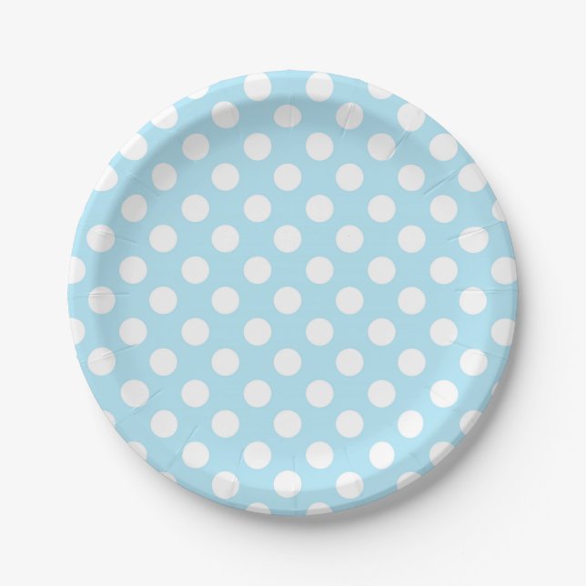 Light Baby Blue & White Polka Dots Birthday Party Paper Plate (Front)