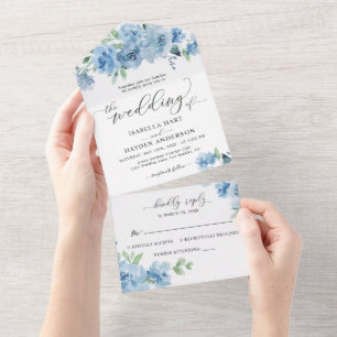 Light Baby Dusty Blue Floral Botanical Wedding All In One Invitation