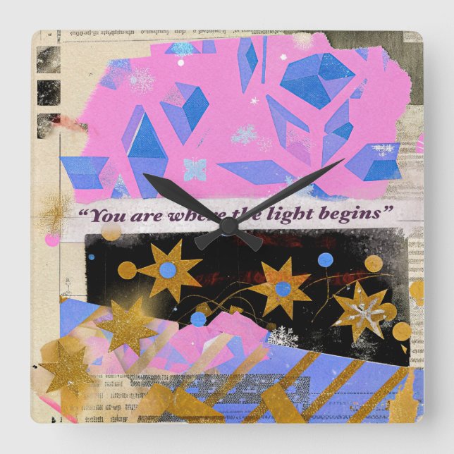 Light Begins Gem Clock – Square Pink & Gold Art (Front)