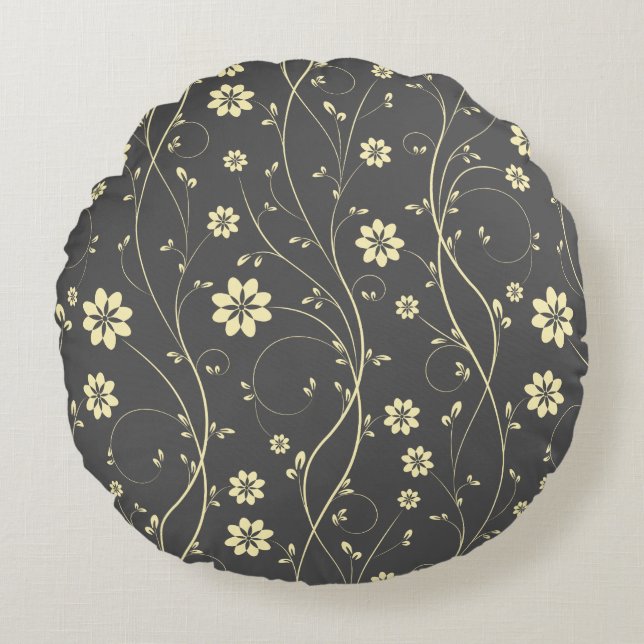 Light Beige And Grey Delicate Flowers Round Cushion (Front)