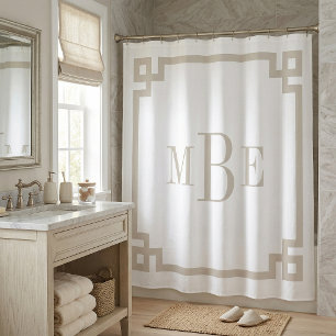Light Beige and White Greek Key   Monogrammed Shower Curtain