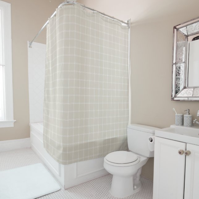 Light Beige and White Windowpane Check Shower Curtain (In Situ)