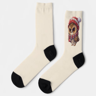 Light Beige Cute Owl with Red Christmas Hat socks