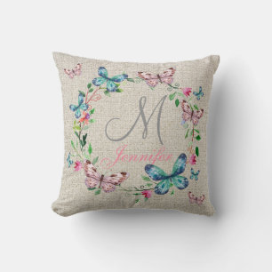 Light BEIGE Linen FLOWER AND BUTTERFLY Monogram Cushion