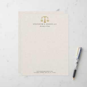 Light Beige Linen & Gold Law Practice Scale Custom Letterhead