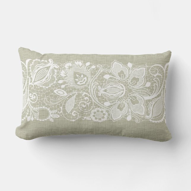 Light Beige Linen & Vintage White Lace Lumbar Cushion (Front)