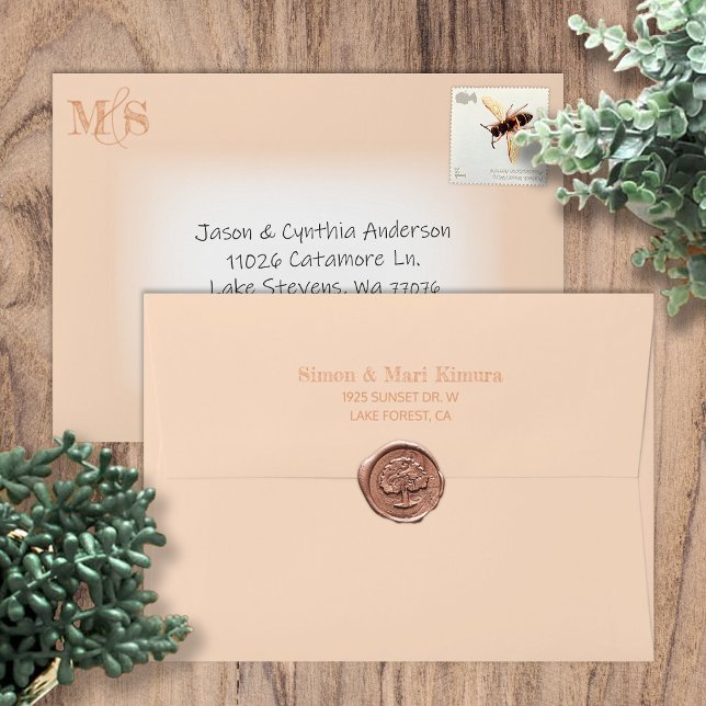 Light Beige, Pre-addressed 5x7 Monogram Weddding Envelope (light beige, sienna, clay 5x7 wedding invitation envelope with return address printed on back flap)