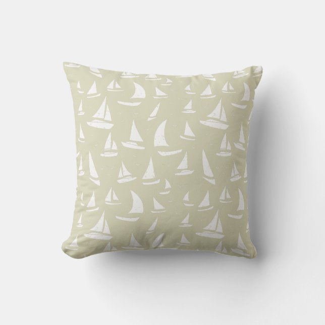Light Beige with White Sailboats Nautical Sailing Cushion (Front)