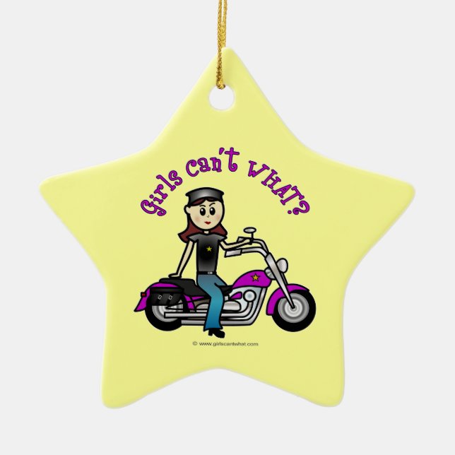 Light Biker Girl Ceramic Tree Decoration (Front)
