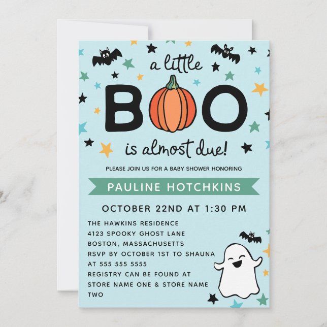 Light Blue A Little Boo Halloween Baby Shower Invitation (Front)