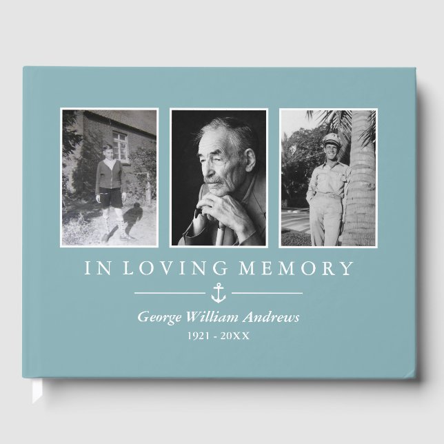 Light Blue Anchor In Loving Memory Photo Collage Guest Book (Front)
