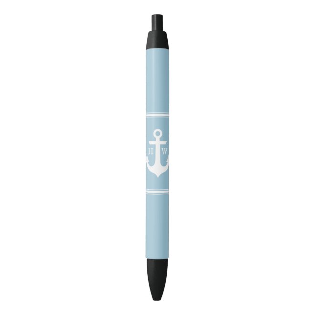 Light Blue Anchor Monogrammed Black Ink Pen (Front Vertical)