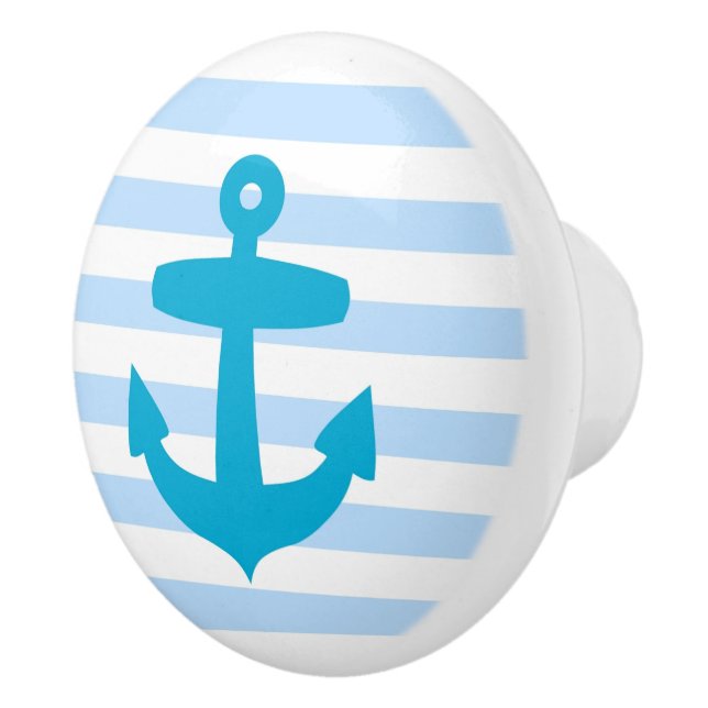 Light Blue Anchor on Pastel nautical stripes Ceramic Knob (Right)