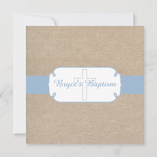 Light Blue and Beige Burlap Baptism Invitation (Front)