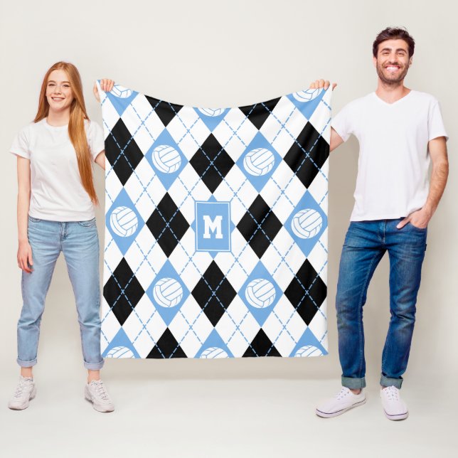 light blue and black argyle pattern w volleyballs fleece blanket (In Situ)