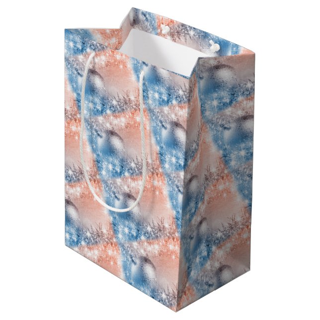 Light Blue and Coral Christmas Ball Medium Gift Bag (Back Angled)