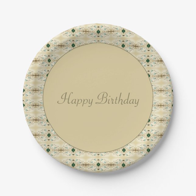 Light Blue And Dark Green Floral Patterned Paper Plate (Front)