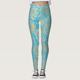 Light Blue and Gold Boho Mandala Pattern Yoga Leggings