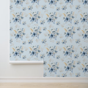 Light blue and gold floral wallpaper