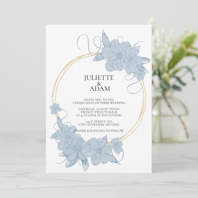 Light Blue and Gold Floral Wedding Invitation (Standing Front)