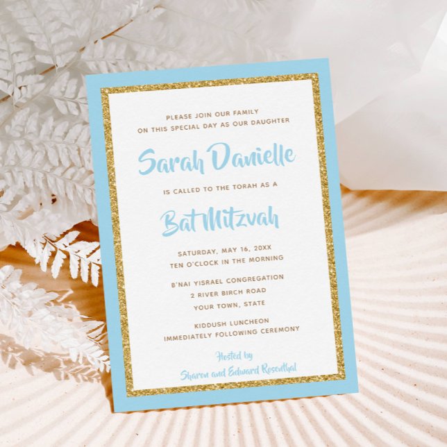 Light Blue and Gold Glitter Rectangle Bat Mitzvah Invitation (Creator Uploaded)