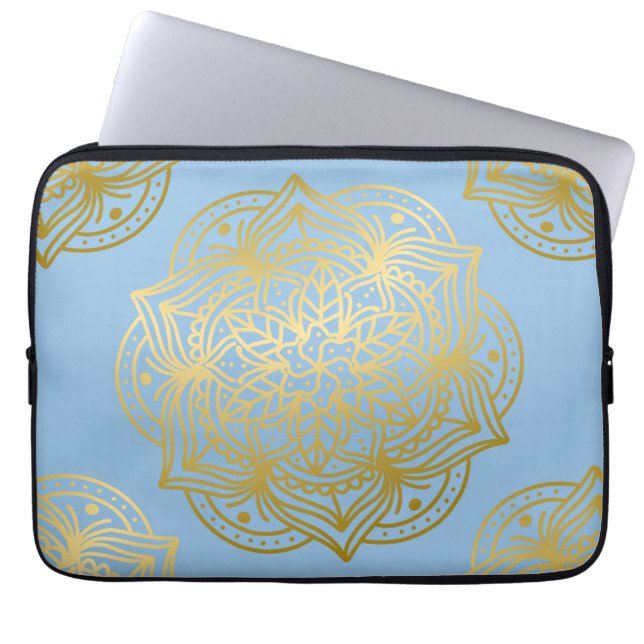 Light blue and Gold Mandala Pattern Wrapping Paper Laptop Sleeve (Front)