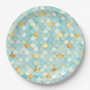 Light blue and gold Mermaid Scales Paper Plate