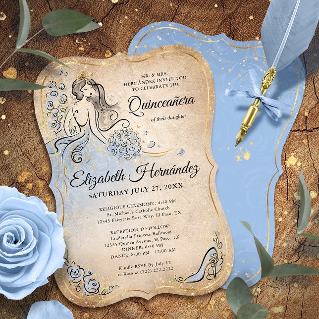 Light Blue and Gold Princess Quinceanera Birthday Invitation (Unique, downloadable gold and light blue quinceanera invitations on an editable DIY template.)