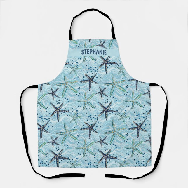 Light Blue and Gold Starfish on Ocean Wave Pattern Apron (Front)