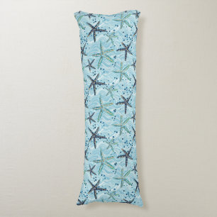 Light Blue and Gold Starfish on Ocean Wave Pattern Body Cushion