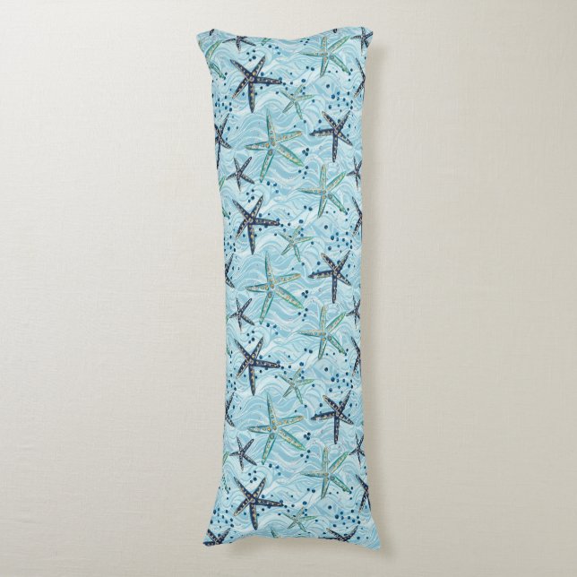 Light Blue and Gold Starfish on Ocean Wave Pattern Body Cushion (Front Vertical)