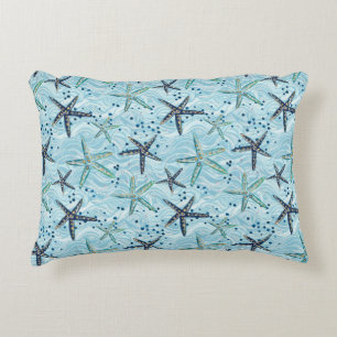 Light Blue and Gold Starfish on Ocean Wave Pattern Decorative Cushion