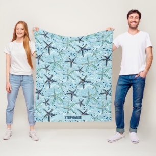 Light Blue and Gold Starfish on Ocean Wave Pattern Fleece Blanket