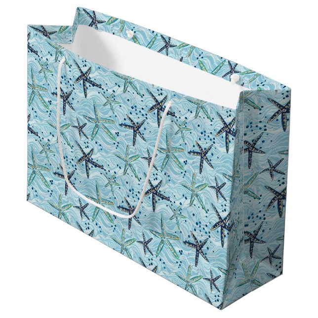 Light Blue and Gold Starfish on Ocean Wave Pattern Large Gift Bag (Front Angled)