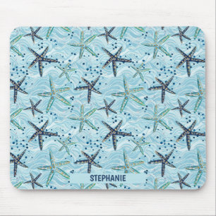 Light Blue and Gold Starfish on Ocean Wave Pattern Mouse Mat