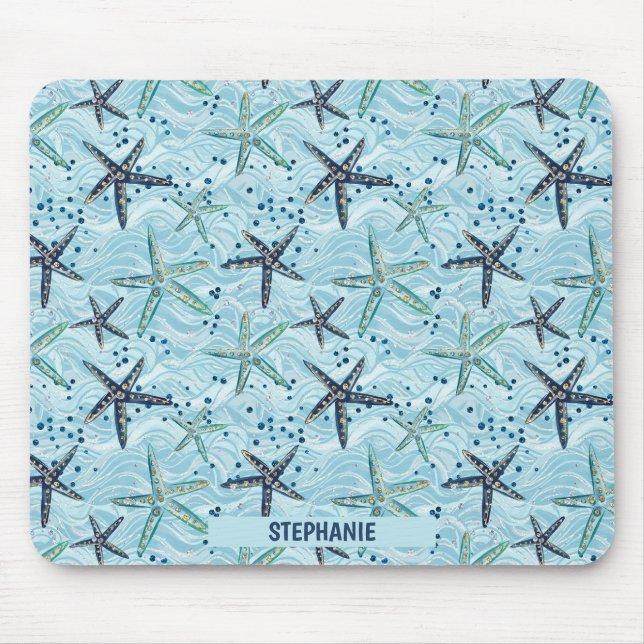 Light Blue and Gold Starfish on Ocean Wave Pattern Mouse Mat (Front)