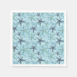 Light Blue and Gold Starfish on Ocean Wave Pattern Napkin