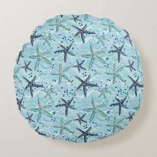 Light Blue and Gold Starfish on Ocean Wave Pattern Round Cushion