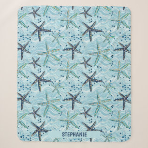 Light Blue and Gold Starfish on Ocean Wave Pattern Sherpa Blanket
